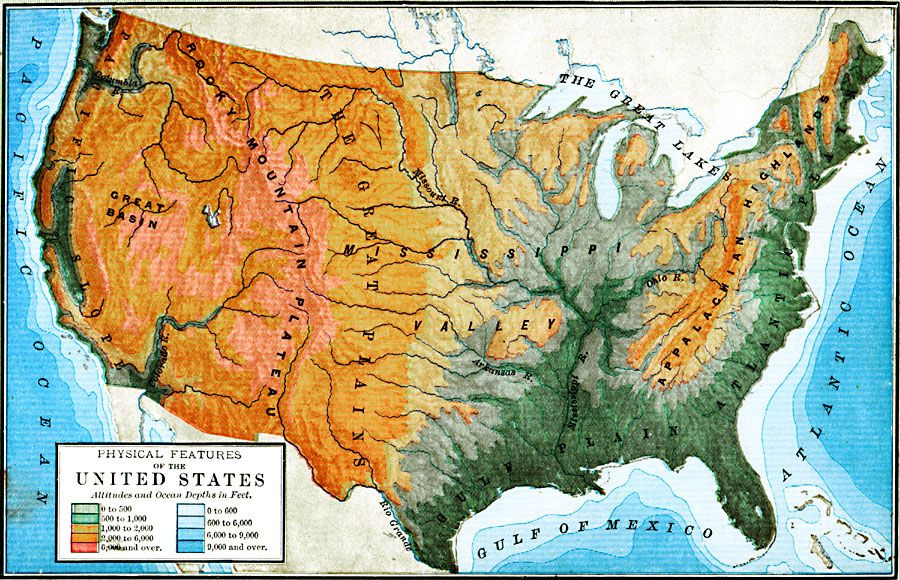 Physical Map Of USA Physical Features Of The United States 1898 Us 
