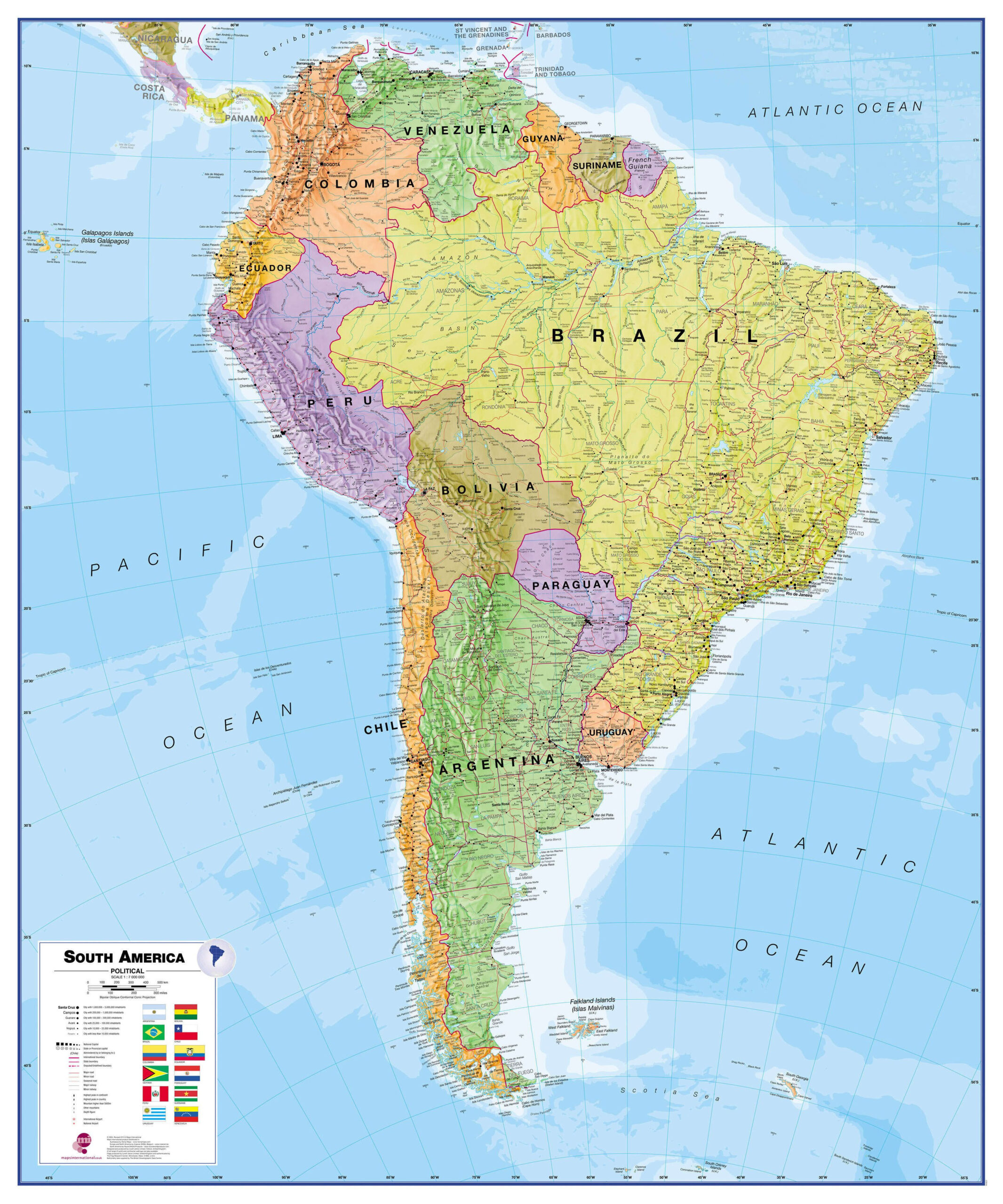 Political South America Wall Map