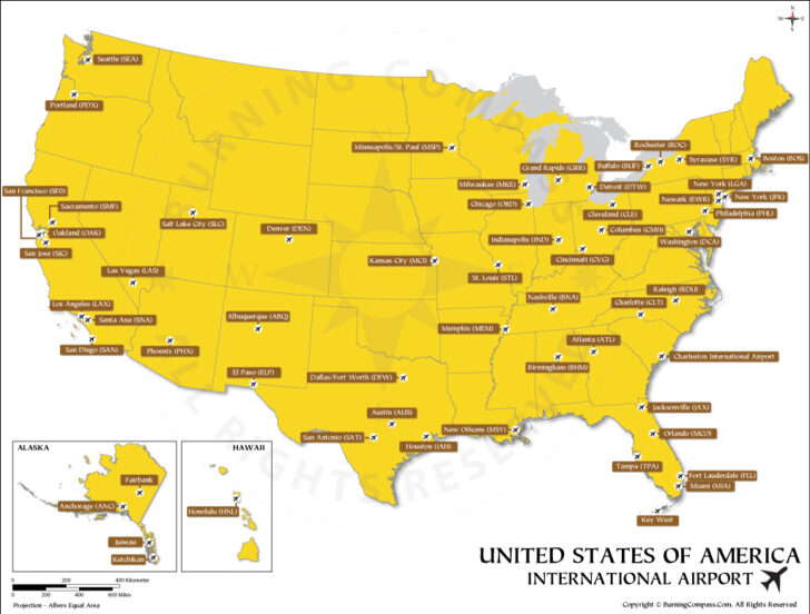 USA Map With International Airports