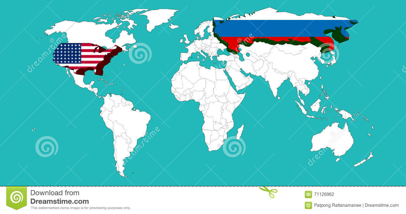 World Map Decorated USA By USA Flage And Russia By Russia Flage 