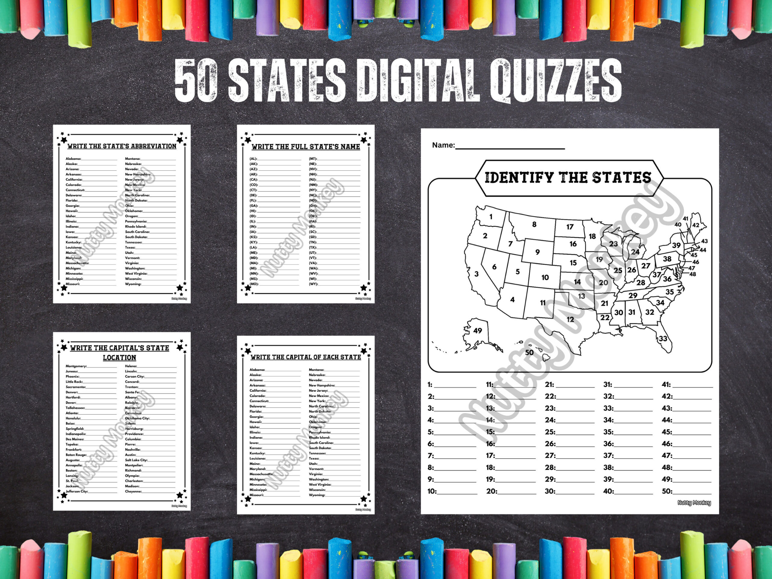 50 Staaten Quiz Test Arbeitsblatt -Usa- Geographie - Sozialkunde for Usa Map Quiz Printable