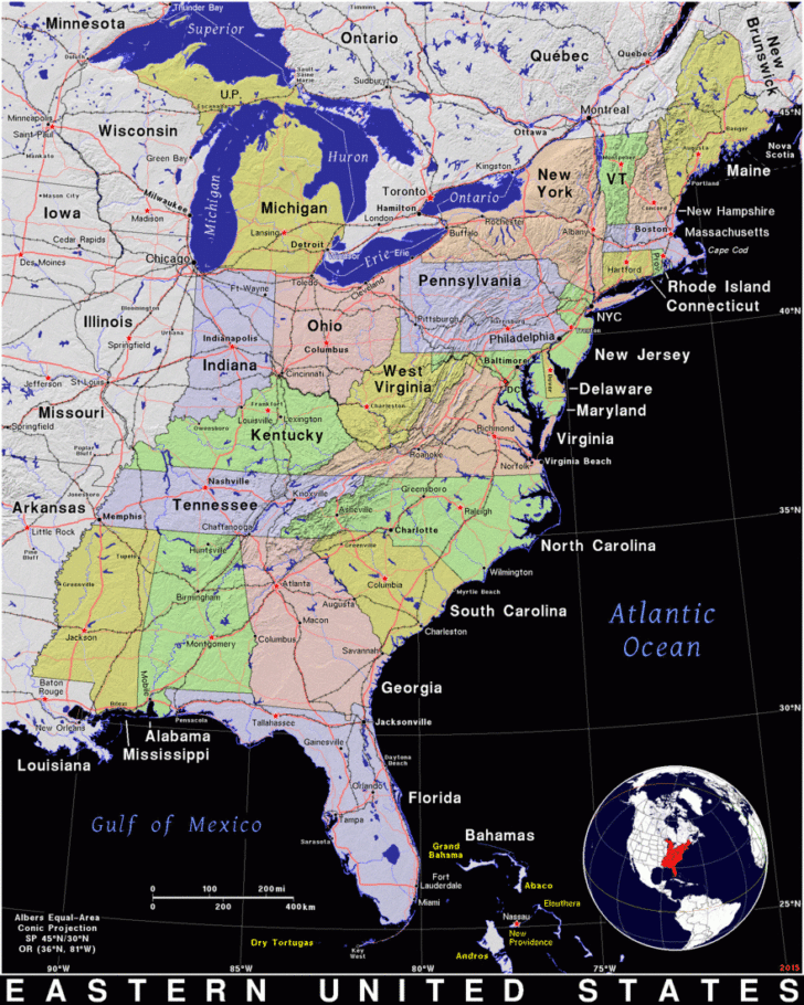 Printable Map of Eastern USA