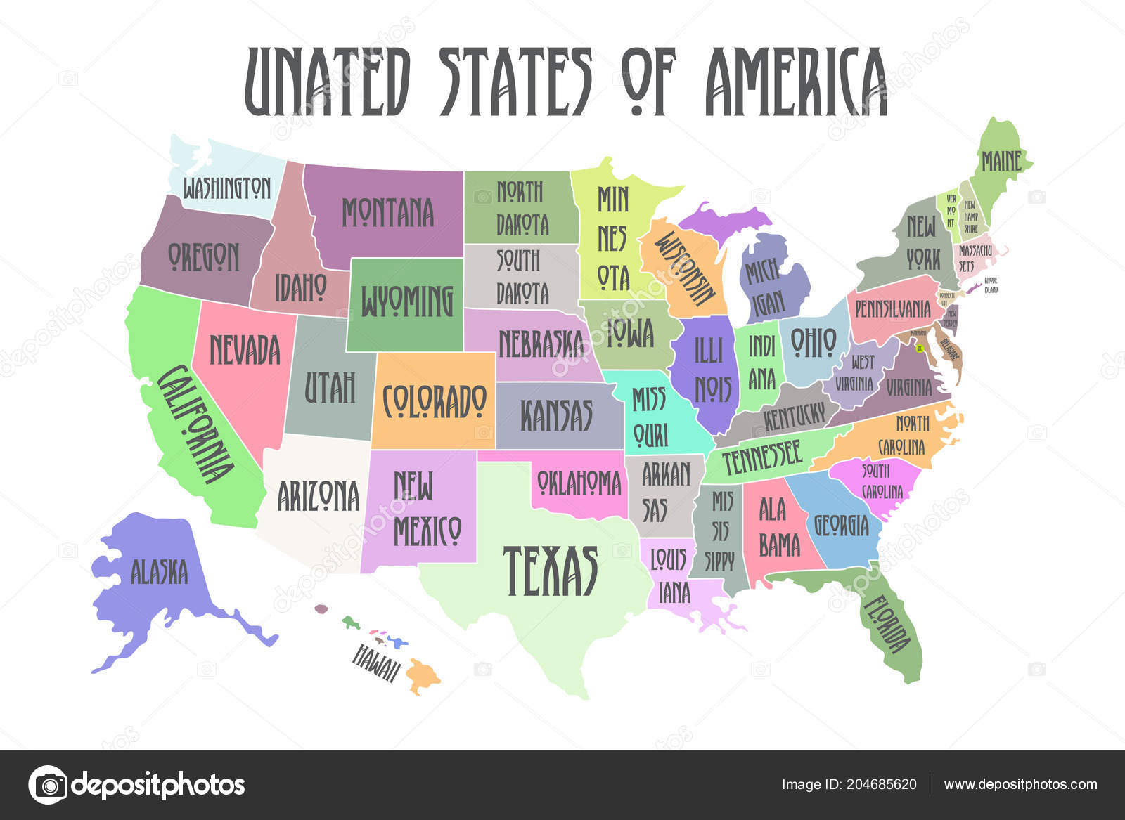 Farbige Plakatkarte Der Vereinigten Staaten Von Amerika Mit intended for Map of USA with State Names Printable