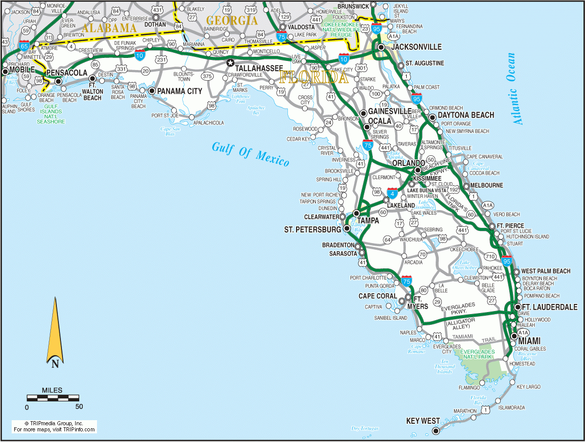 Florida Road Map for Free Printable Map of Florida USA