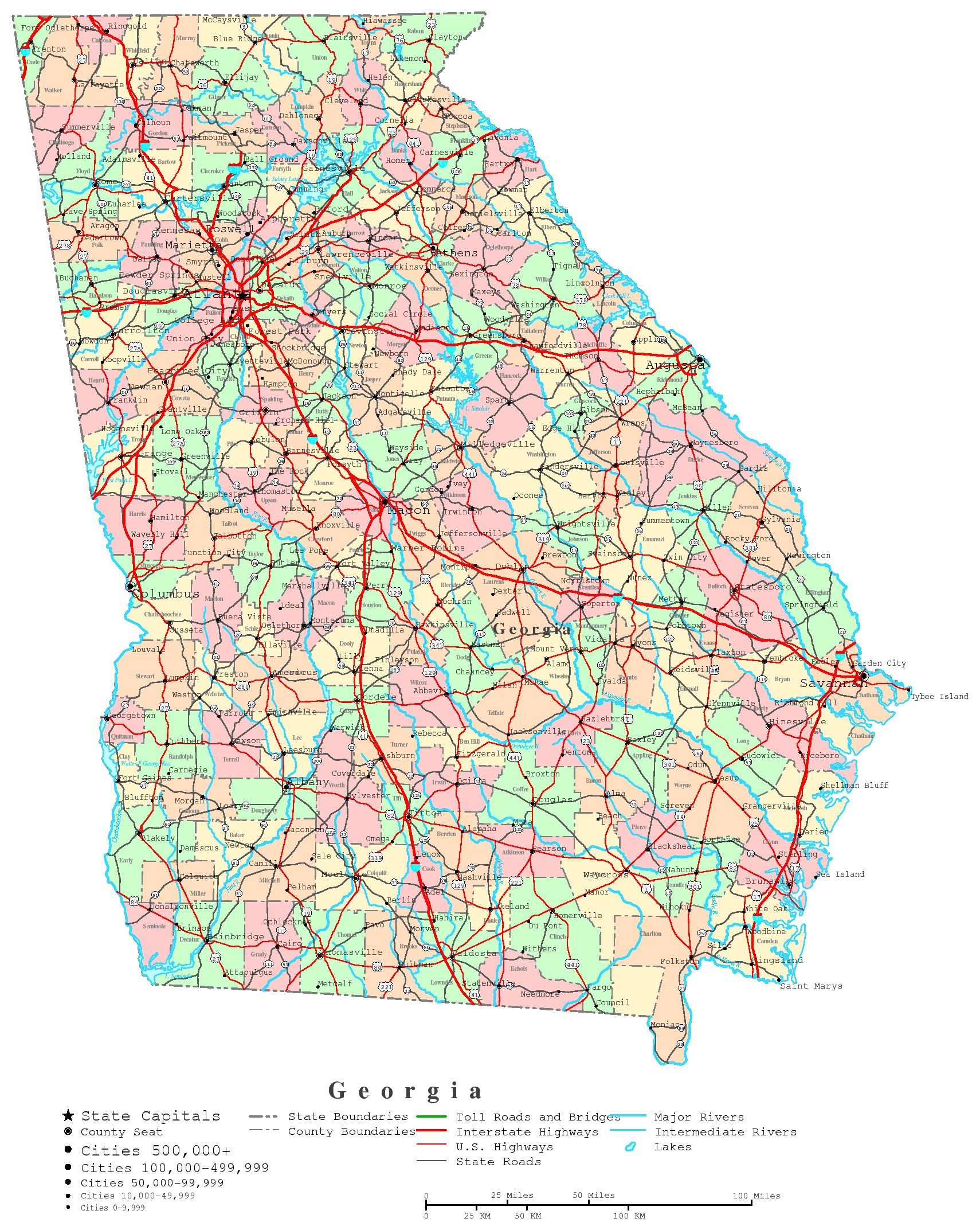Georgia Printable Map throughout Free Printable Map Of Georgia Usa