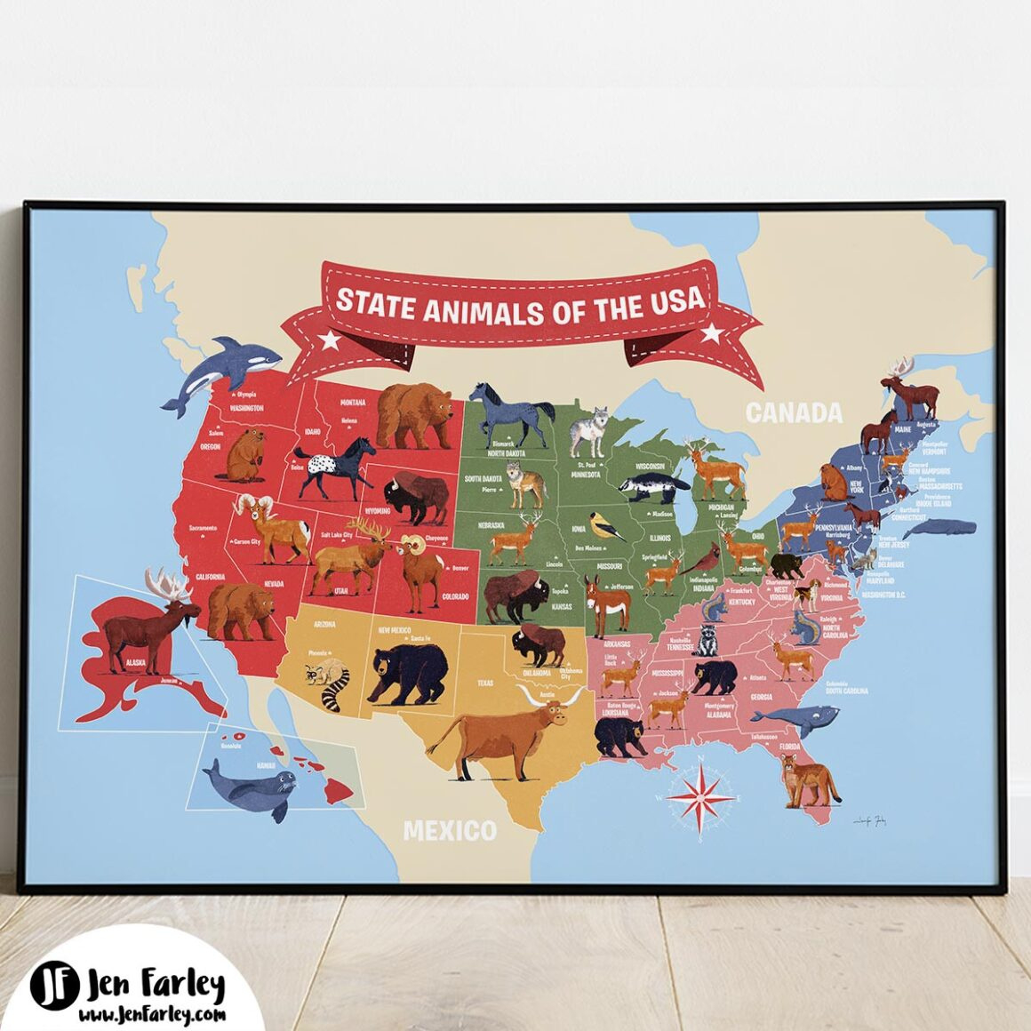 Illustrated Map - State Animals Of The Usa | Jennifer Farley regarding Printable USA Map with State Symbols