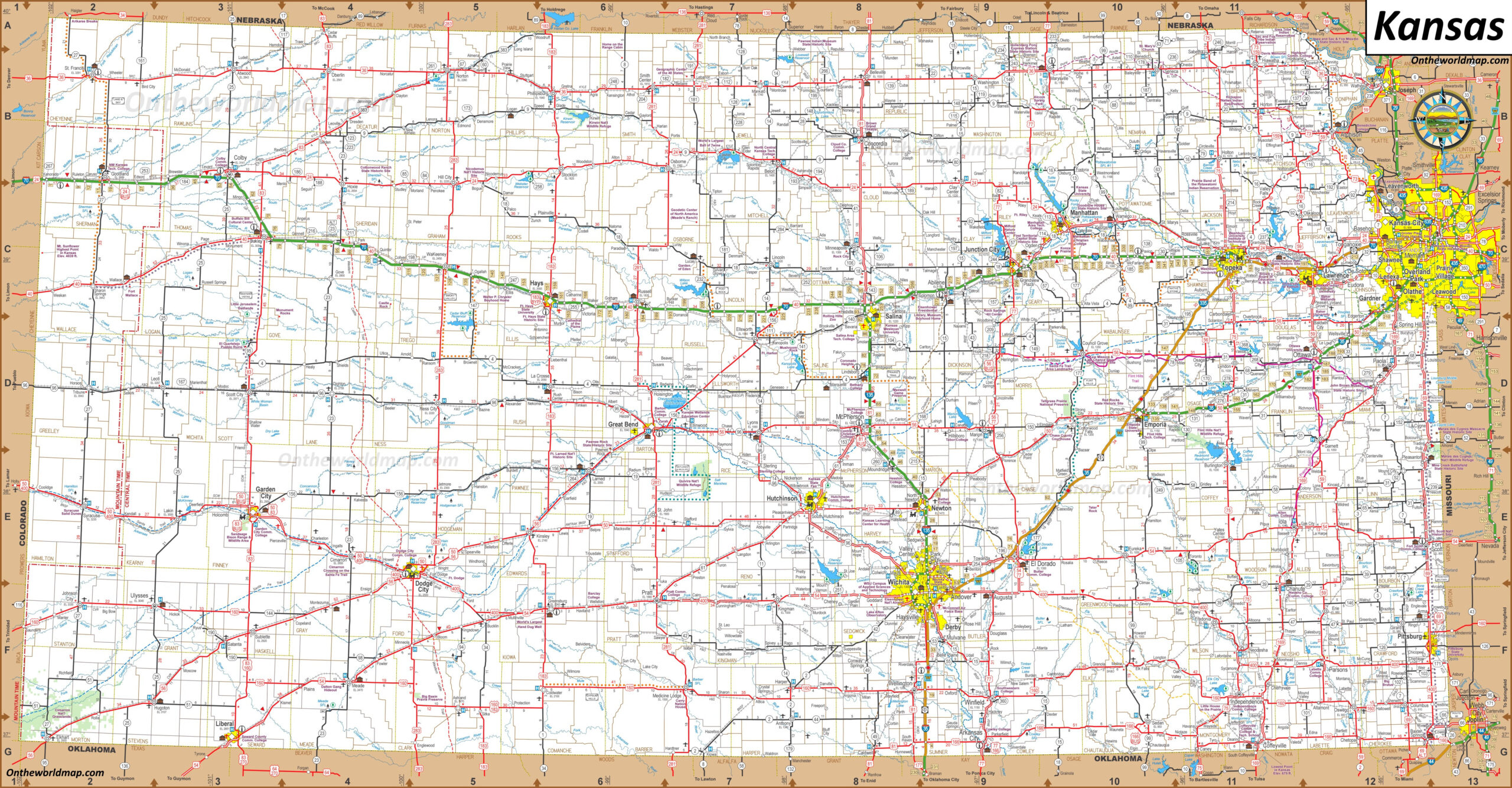 Large Detailed Map Of Kansas With Cities And Towns - Ontheworldmap throughout Printable Map of Kansas USA