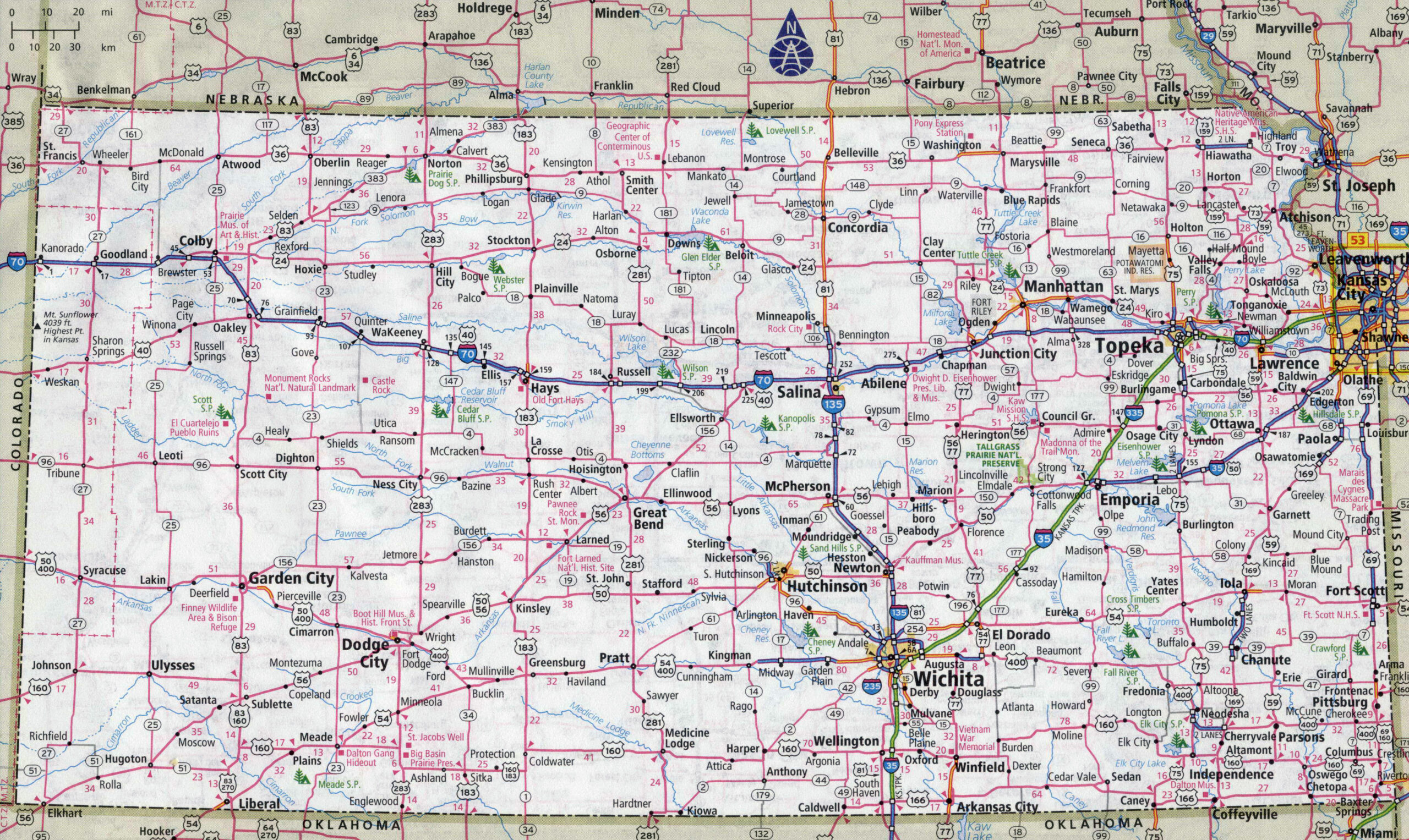 Large Detailed Roads And Highways Map Of Kansas State With Cities within Printable Map Of Kansas Usa