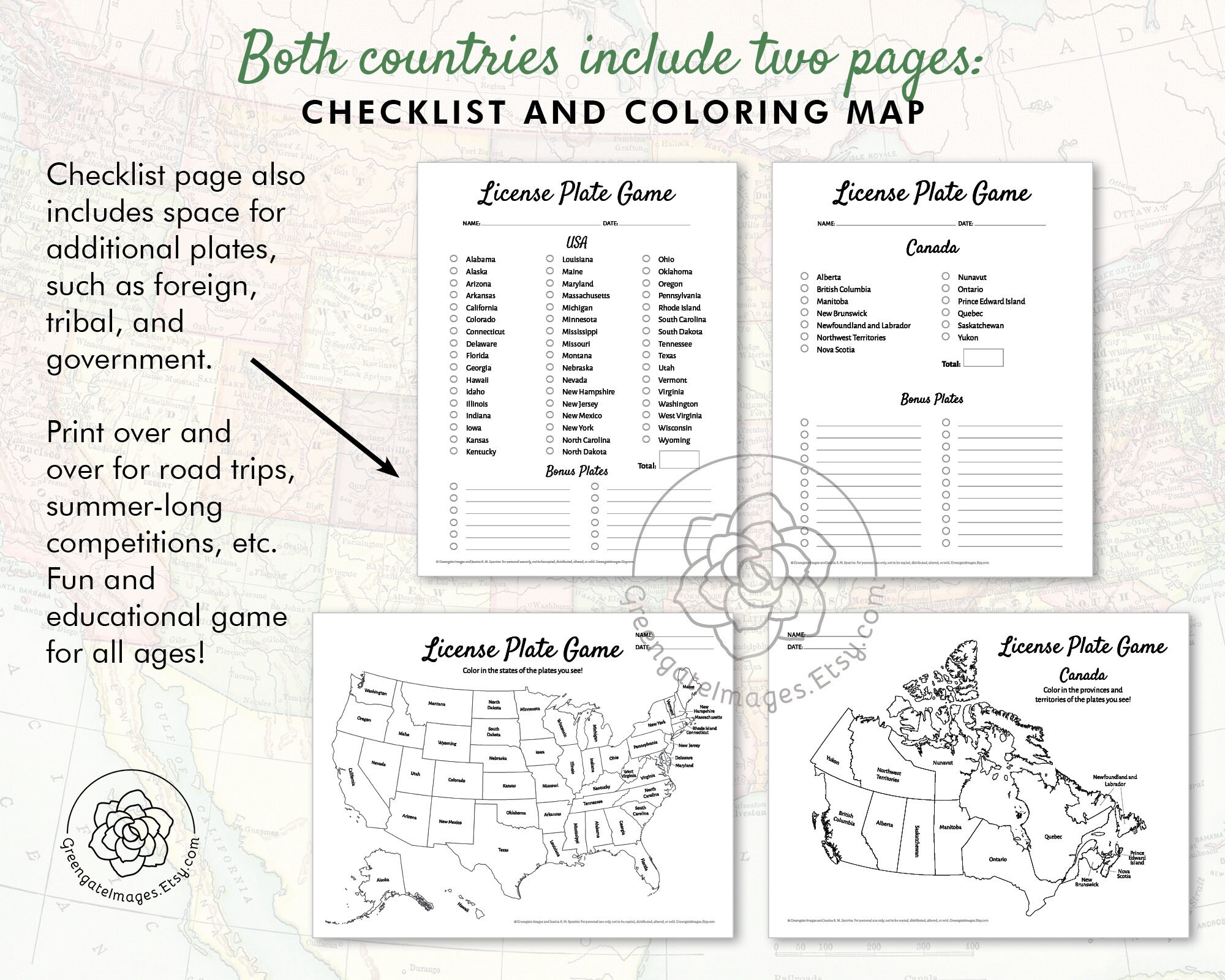 License Plate Game Printable - Usa Und Kanada, Road Trip Spiele with Printable USA Map For the License Plate Game