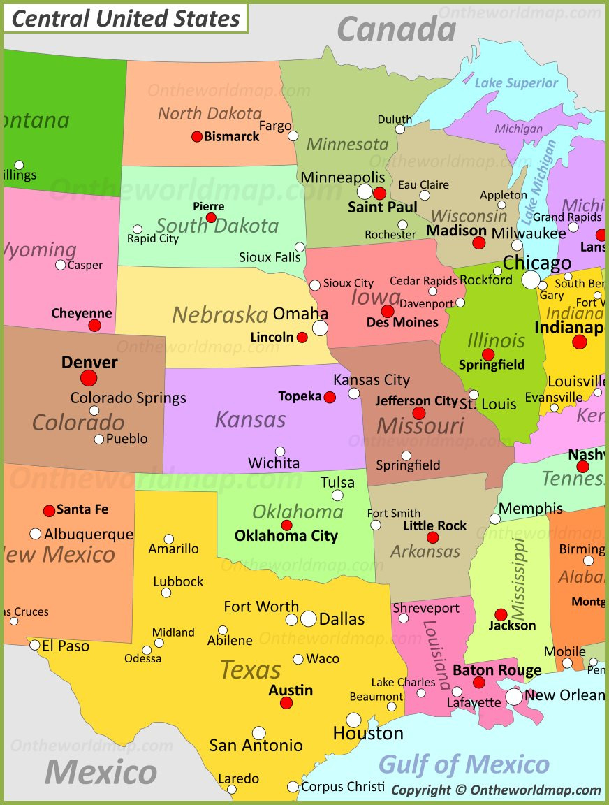 Map Of Central United States - Ontheworldmap with regard to Printable Map Of Central Usa With States And Cities