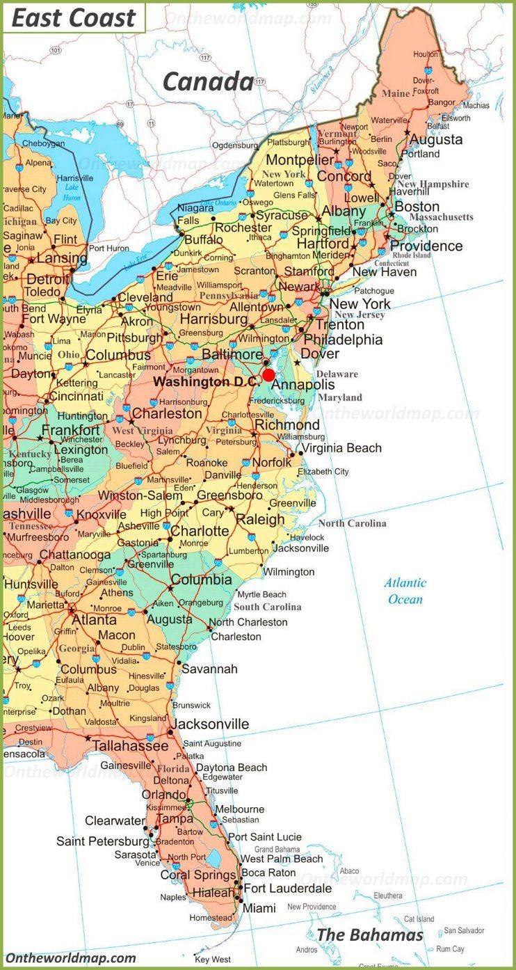 Map Of East Coast Of The United States inside Printable Map Of Eastern Usa