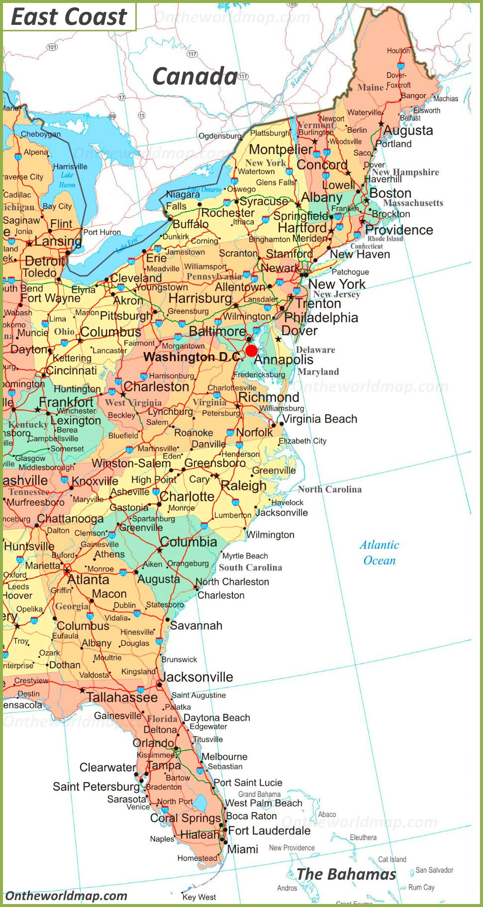 Map Of East Coast Of The United States - Ontheworldmap regarding Map Of Eastern Usa Tennessee And Washington Dc Free Printable