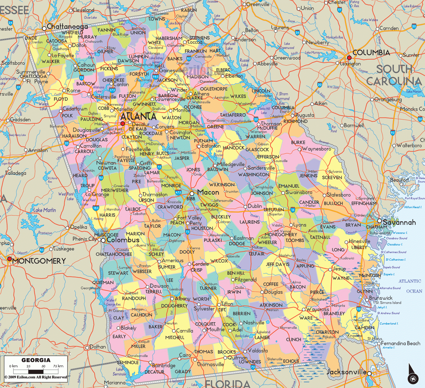 Map Of Georgia With Cities, Counties And Roads - Ezilon Maps throughout Free Printable Map Of Georgia Usa