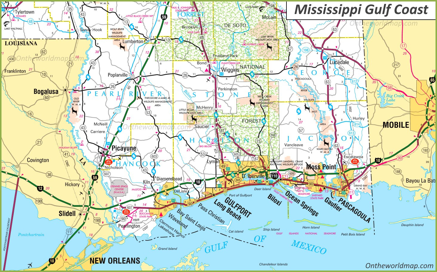 Map Of Mississippi Gulf Coast - Ontheworldmap in Gulf Coast Usa Map With Highways And Cities