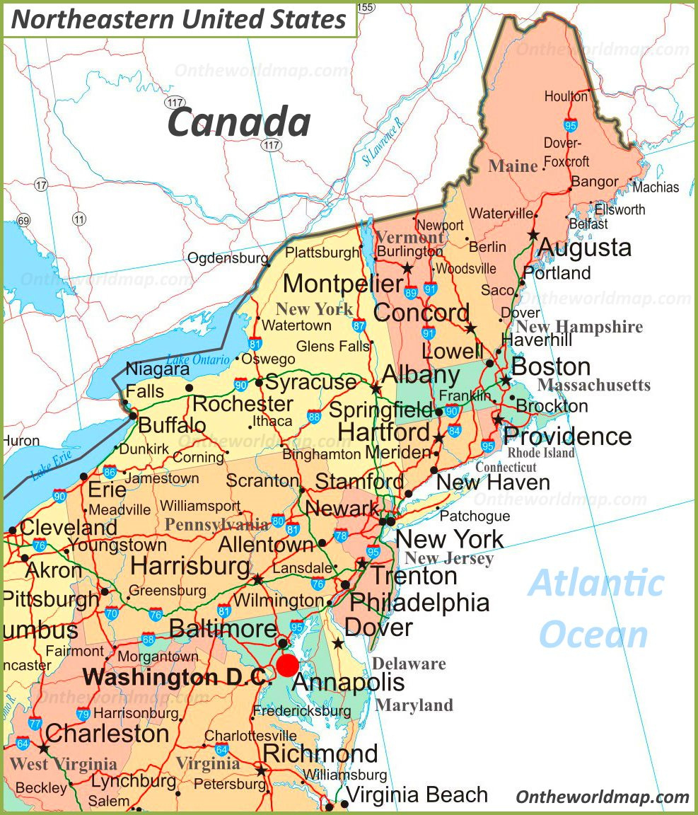 Map Of Northeastern United States - Ontheworldmap pertaining to Printable Map of Northeast USA