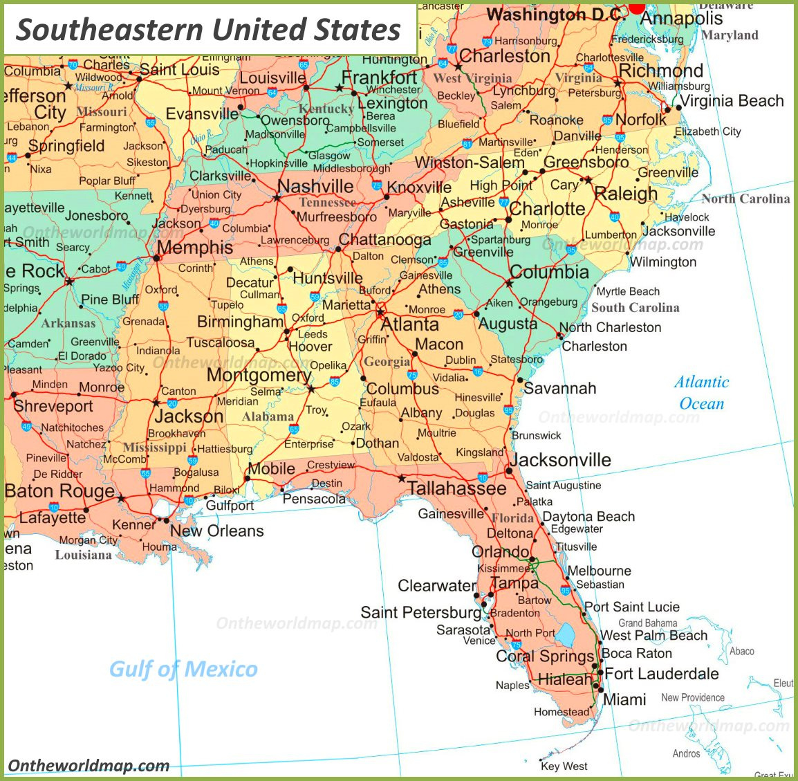 Map Of Southeastern United States - Ontheworldmap regarding Printable Map of Southeast USA with Cities
