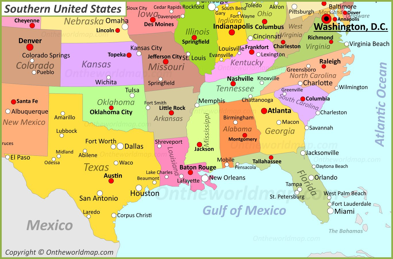 Map Of Southern United States - Ontheworldmap pertaining to Free Printable Map of Southern USA