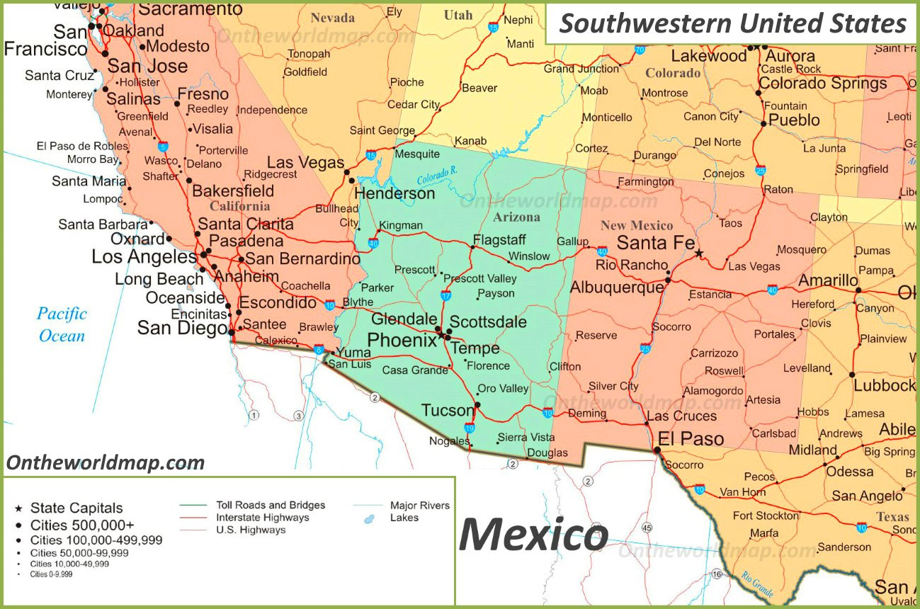 Map Of Southwestern United States - Ontheworldmap with regard to Printable Road Map Of Southwest Usa