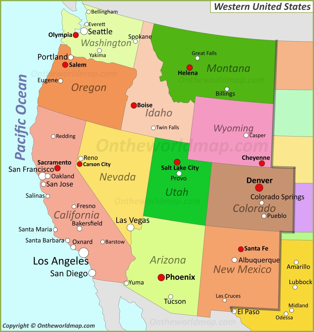 Map Of Western United States - Ontheworldmap inside Printable Map of Wesrern USA