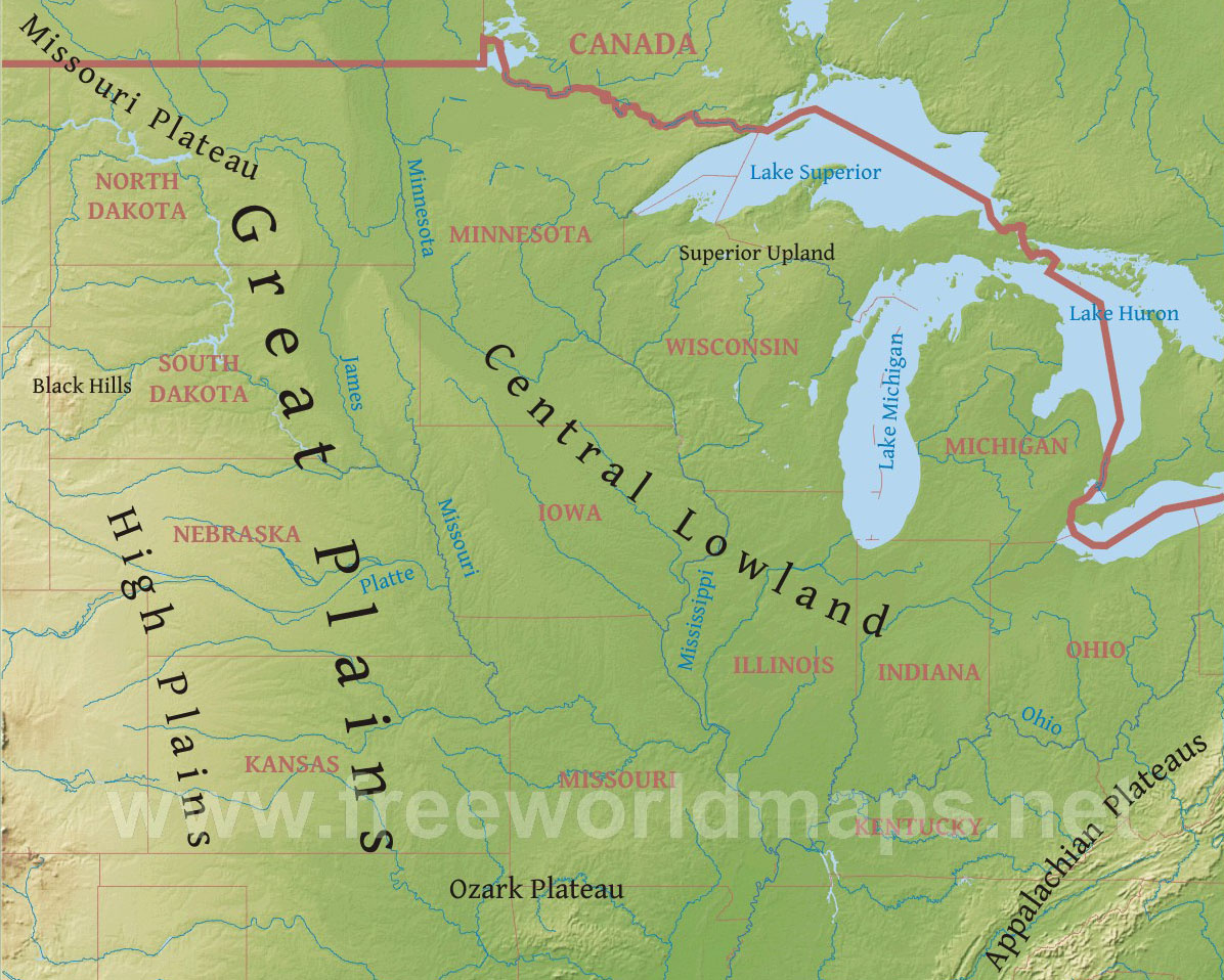 Midwest Physical Map intended for Rivers of the Midwest USA Map Printable