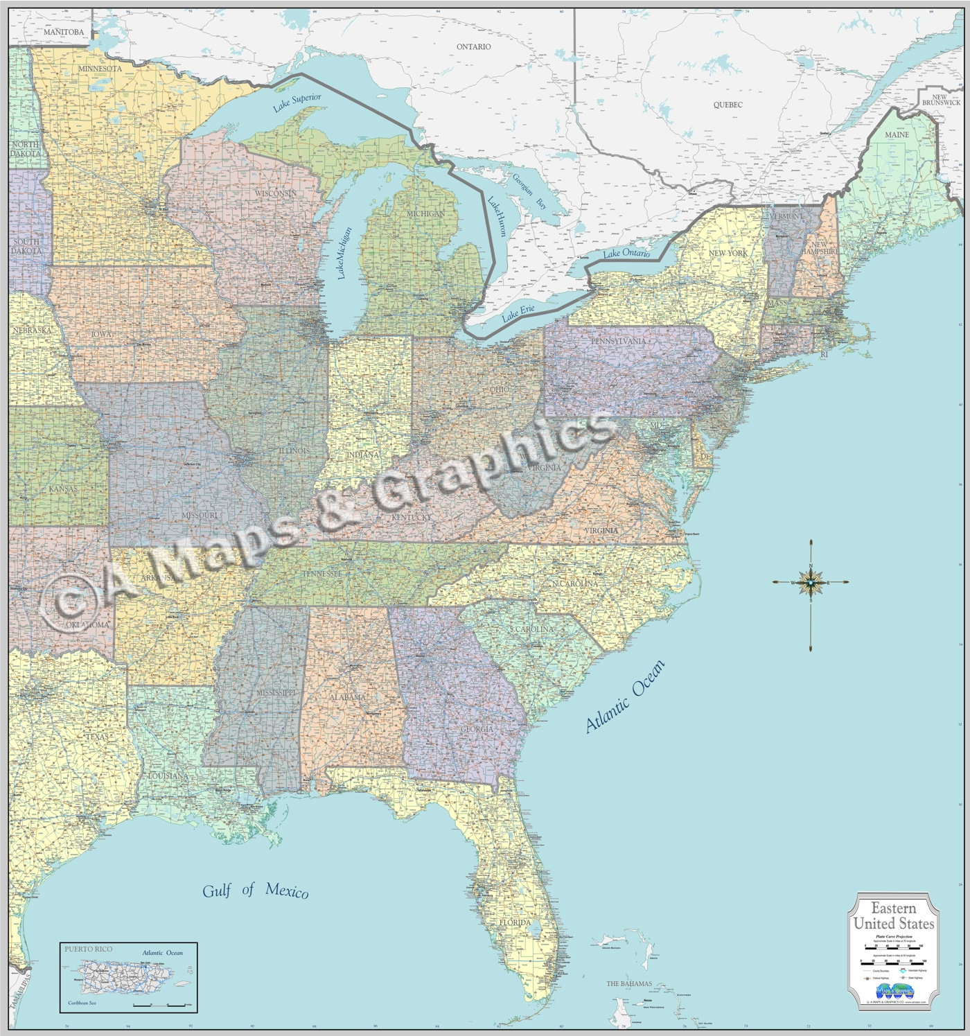 New High-Detail Wall Map Eastern Usa Laminated pertaining to Printable Map of USA Eastern Half