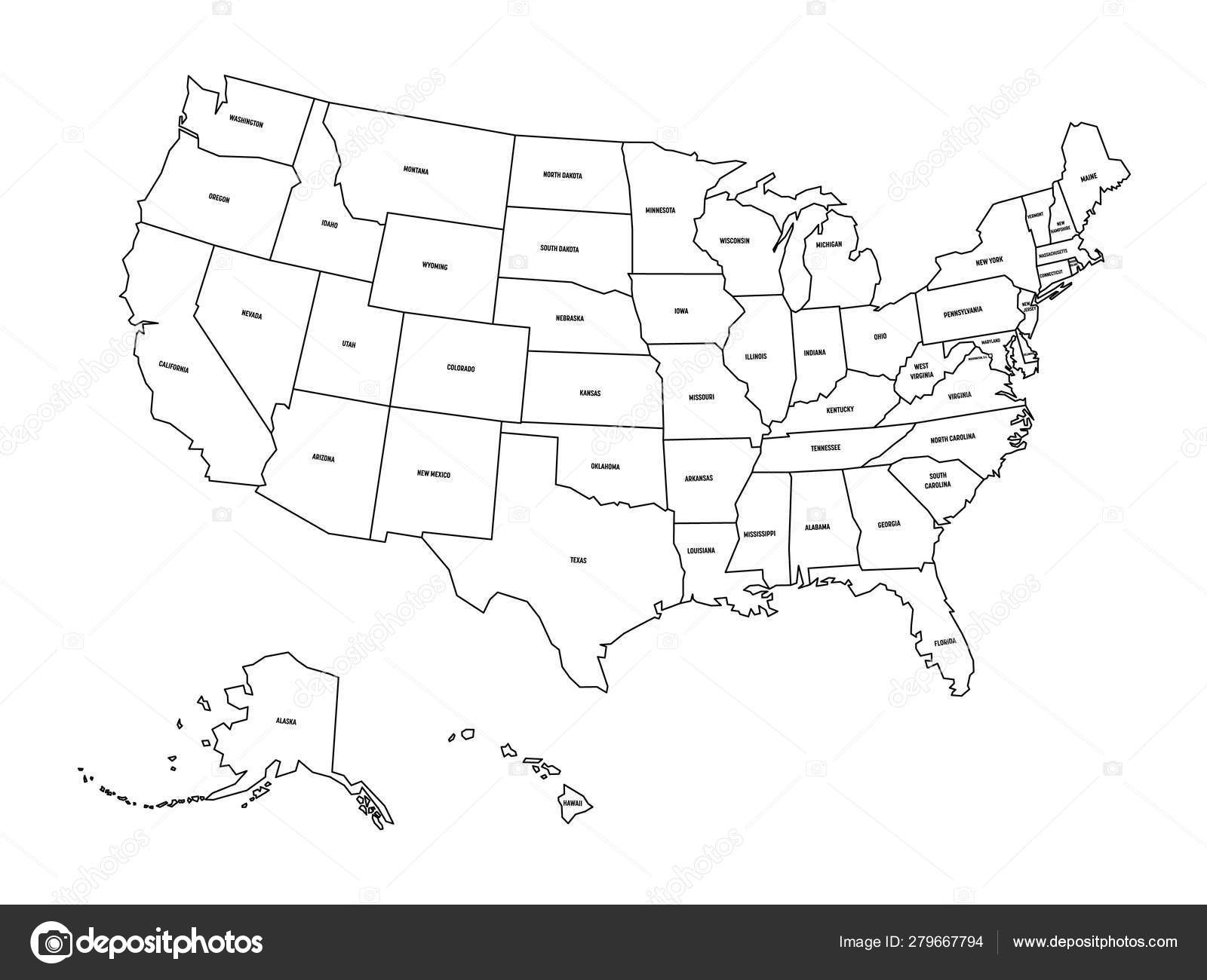 Political Map Of United States Od America, Usa. Simple Flat Black throughout Printable Outline Map of USA with State Names
