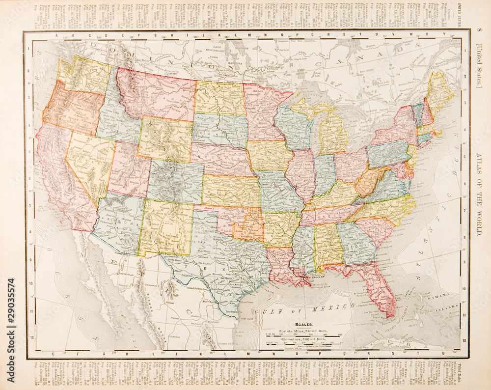 Poster Antique Vintage Color Map United States Of America, Usa with Printable Vintage Map of USA
