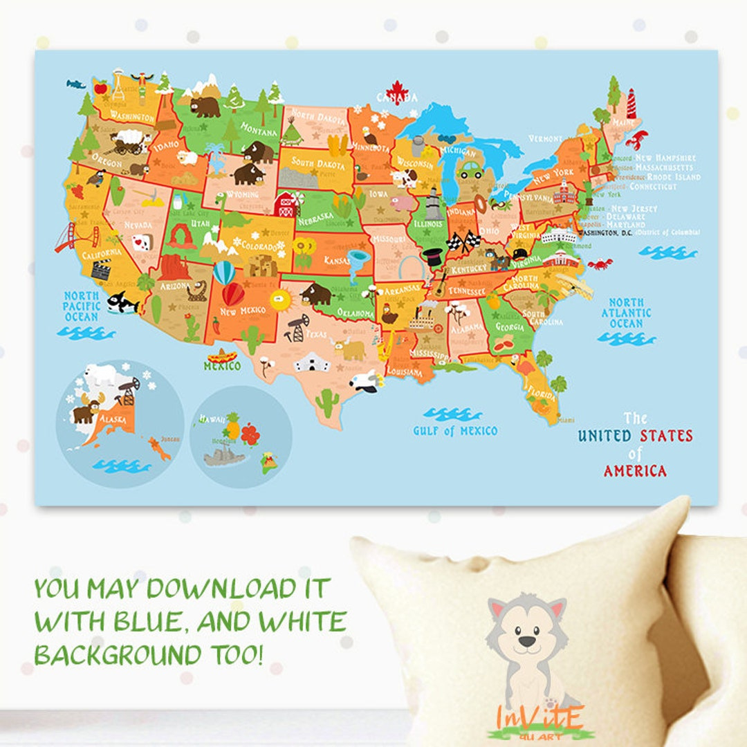 Printable Usa Poster, Cute Baby Gift, Print, Nursery Wall Decor inside Colorful Printable Usa Kid Map