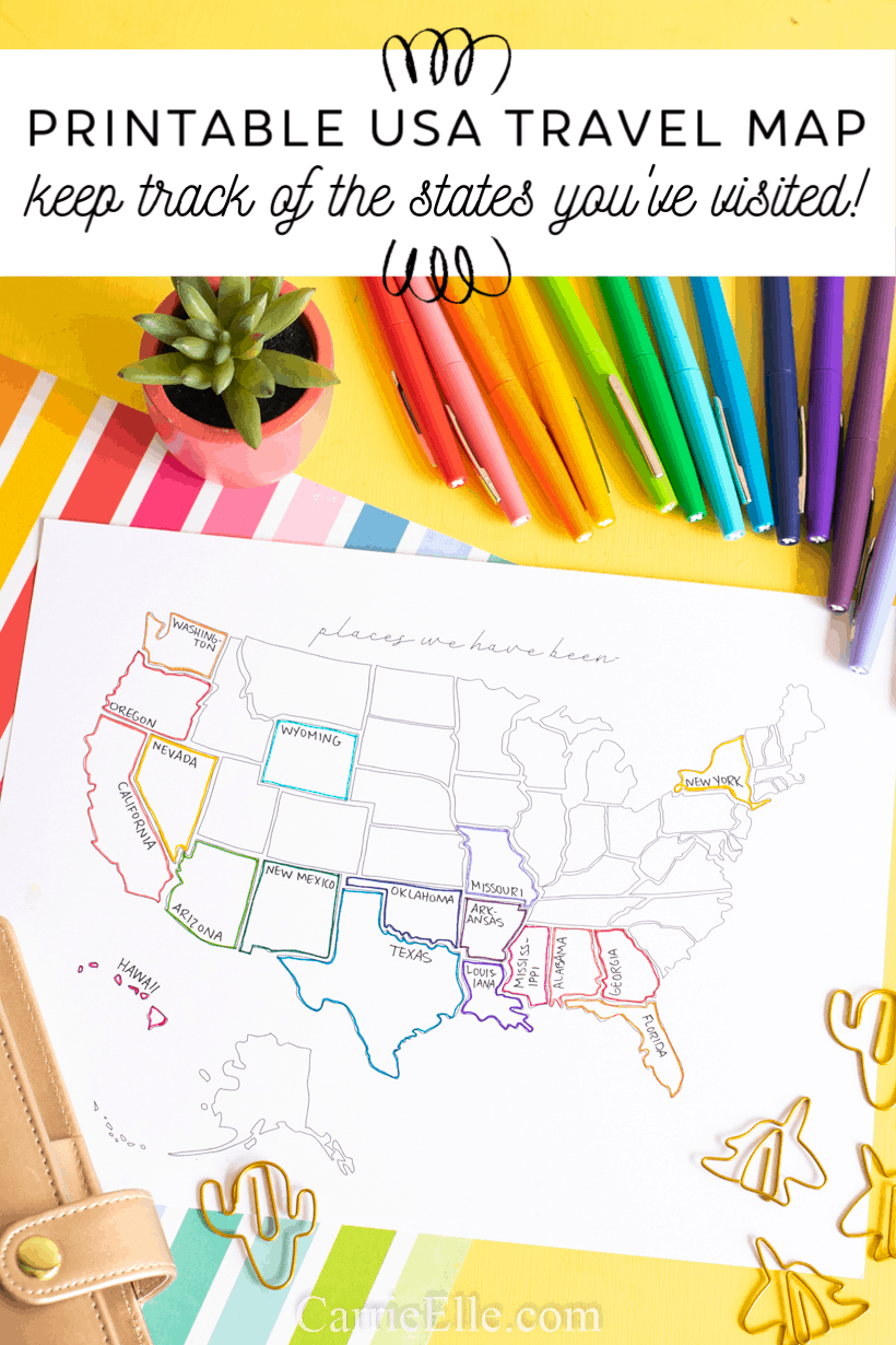 Printable Usa Travel Map - Carrie Elle within Bullet Journal Printable Usa Map