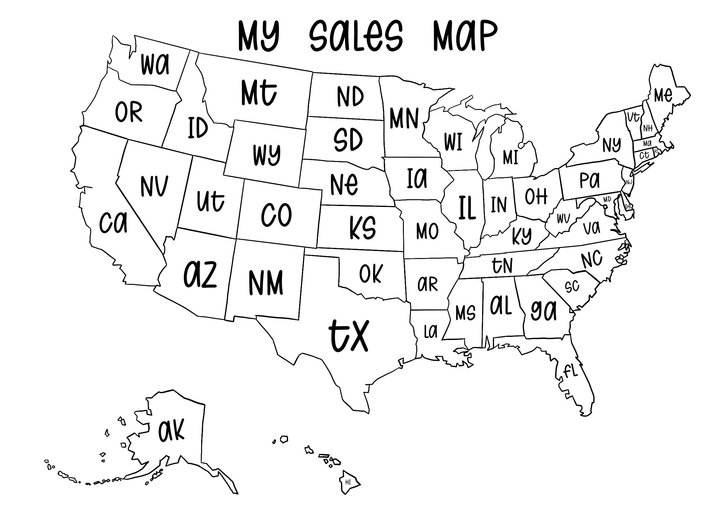 Sales Map Of United States With Abbreviations Digital Download - Etsy inside Printable Usa Map With Abbreviations