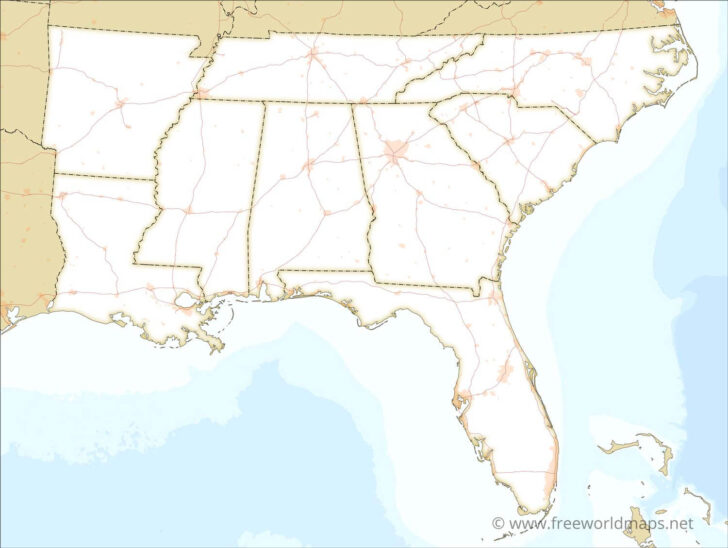 Southeast USA Printable Map