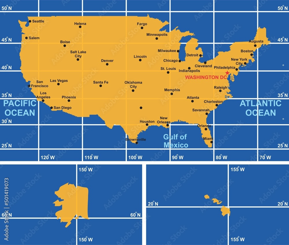 Stock-Vektorgrafik „Usa Map Infographic Diagram With All throughout USA Map with Latitude and Longitude Lines