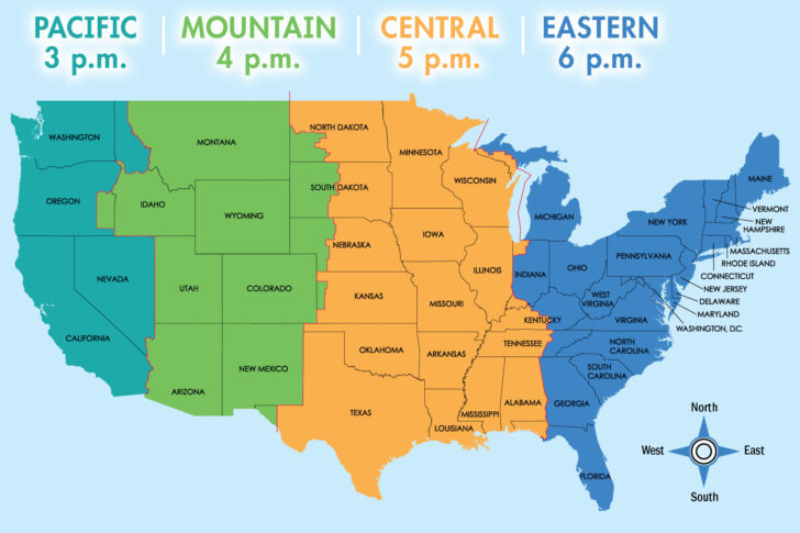 Printable Time Zone Map USA with Clocks