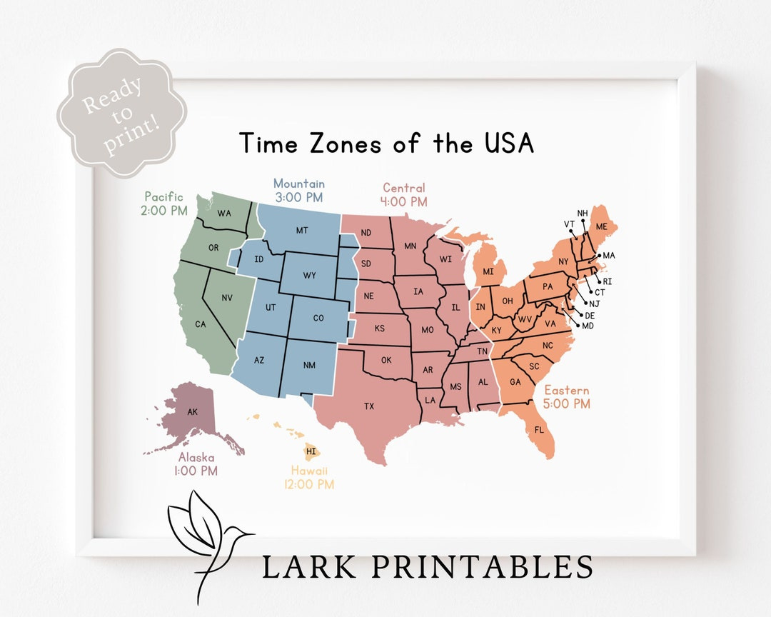 Time Zones Of The Usa Map Educational Poster Printable Geography throughout Printable Map of USA Time Zones