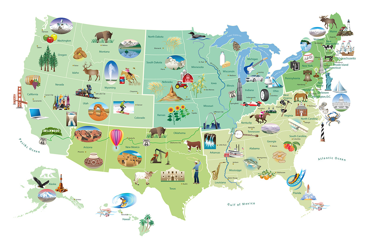 U.s. Landmarks And Icons Map – Speakeasy News with Printable USA Map with State Symbols