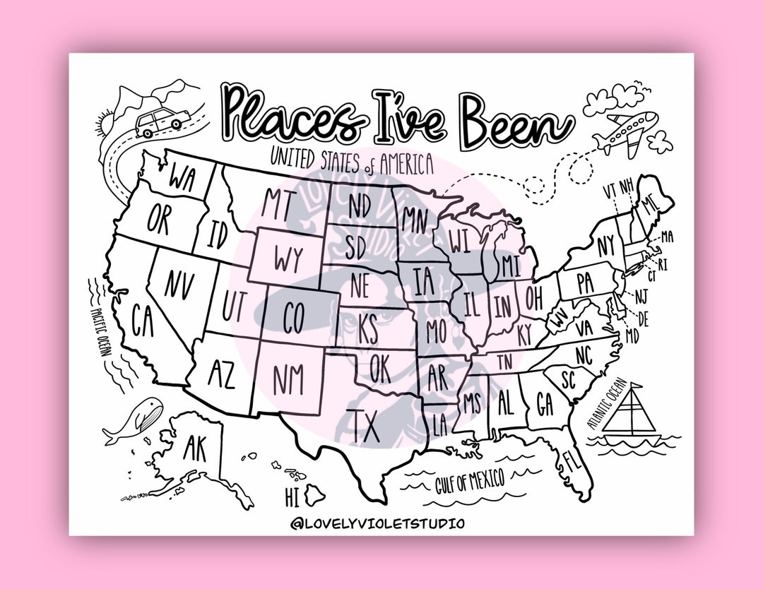 U.s. Map Coloring Page Digital Download, &amp;quot;Places I&amp;#039;Ve Been&amp;quot; U.s. in Map Coloring Page Printable Simple Usa Map States