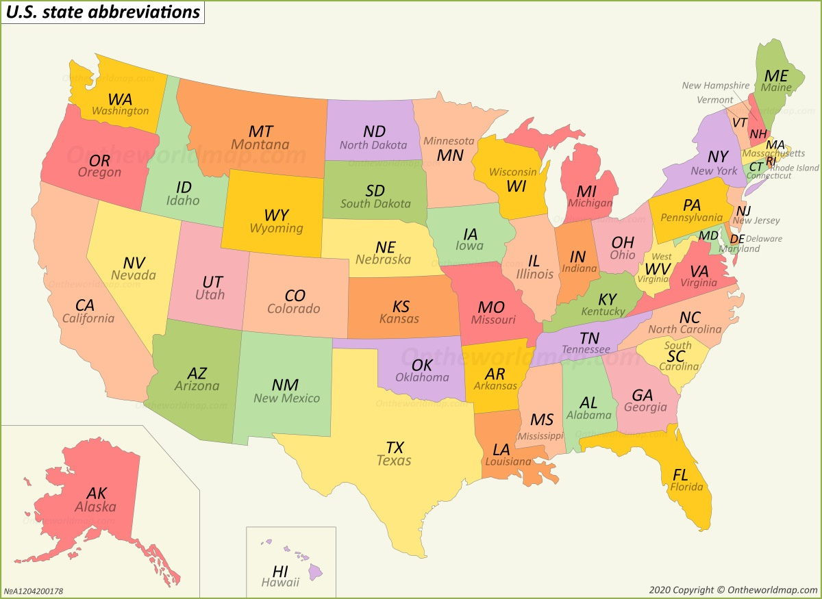 U.s. State Abbreviations Map - Ontheworldmap inside Map of USA Abbreviated Printable