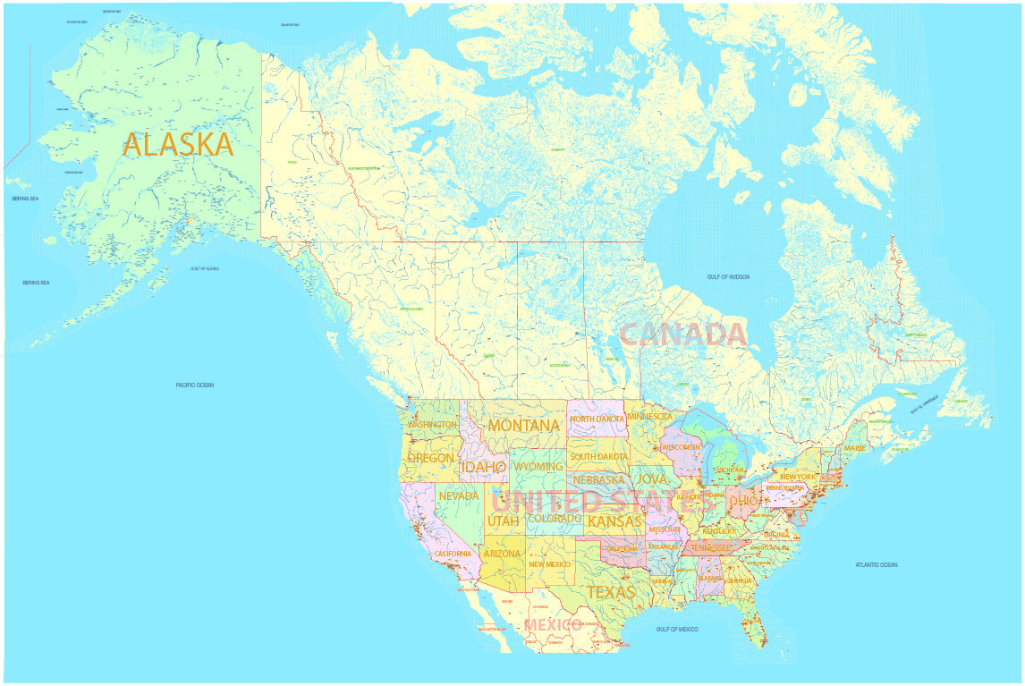 United States And Canada Printable Map 01 02 With All Roads, Cities, States, All Names, Exact Vector Map, V.7. Fully Editable, Adobe Illustrator within Printable Map Of The Usa And Canada