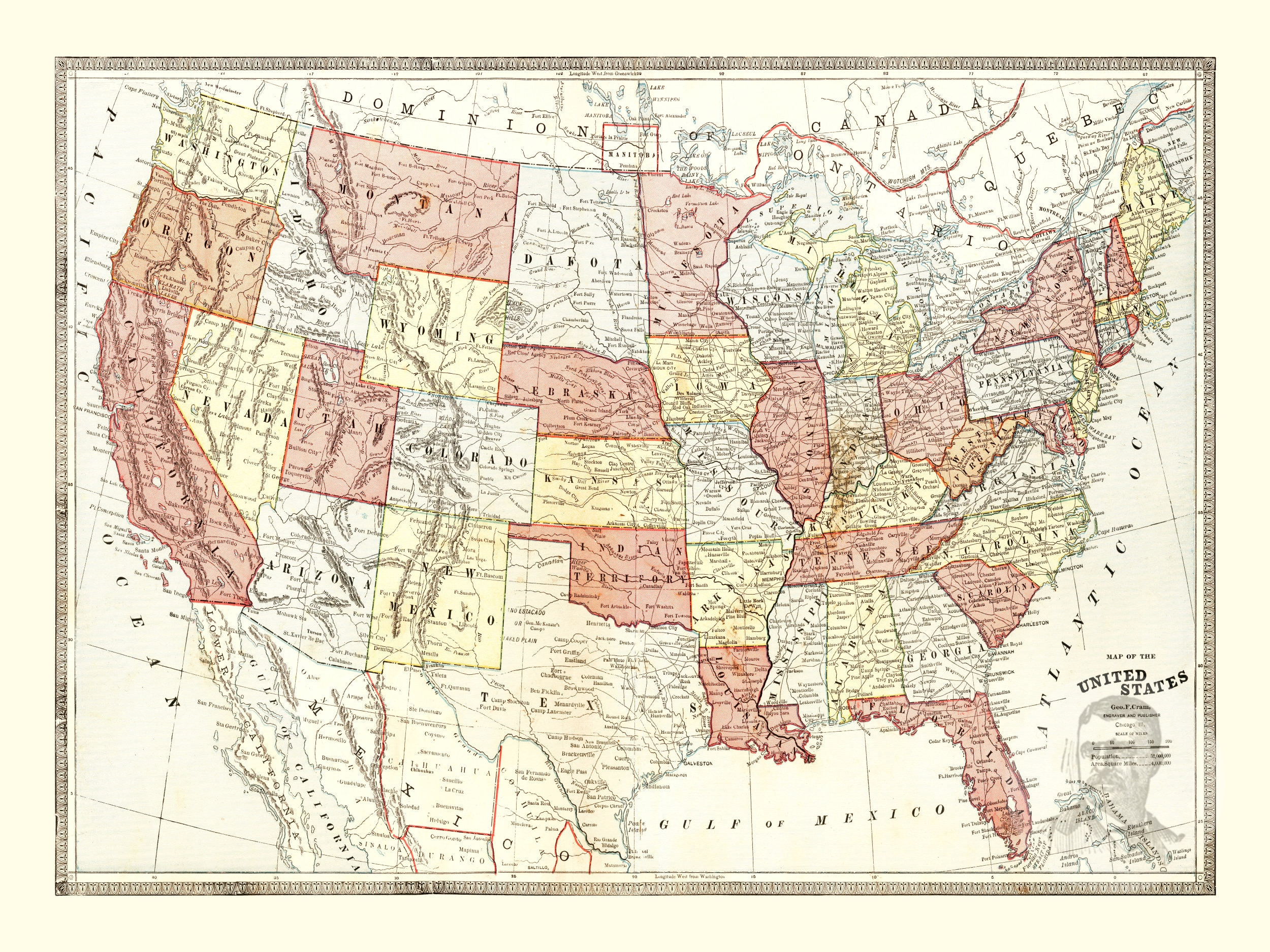 United States Map 1883, Vintage United States Map, Old United within Usa Map 1883 Printable