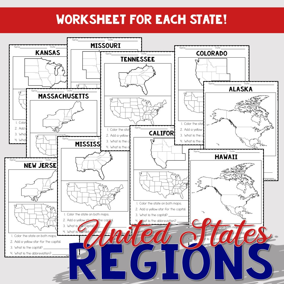 United States Regions Worksheets And Printables | Homeschool for Printable Worksheets USA 5 Regions Map