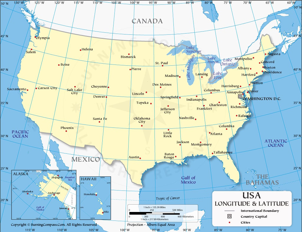 Us Latitude And Longitude Map With Cities within USA Map with Latitude and Longitude Lines