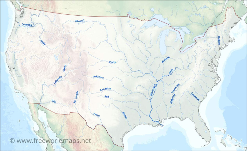 USA Map With Rivers And Lakes Printable | Printable Map Of USA