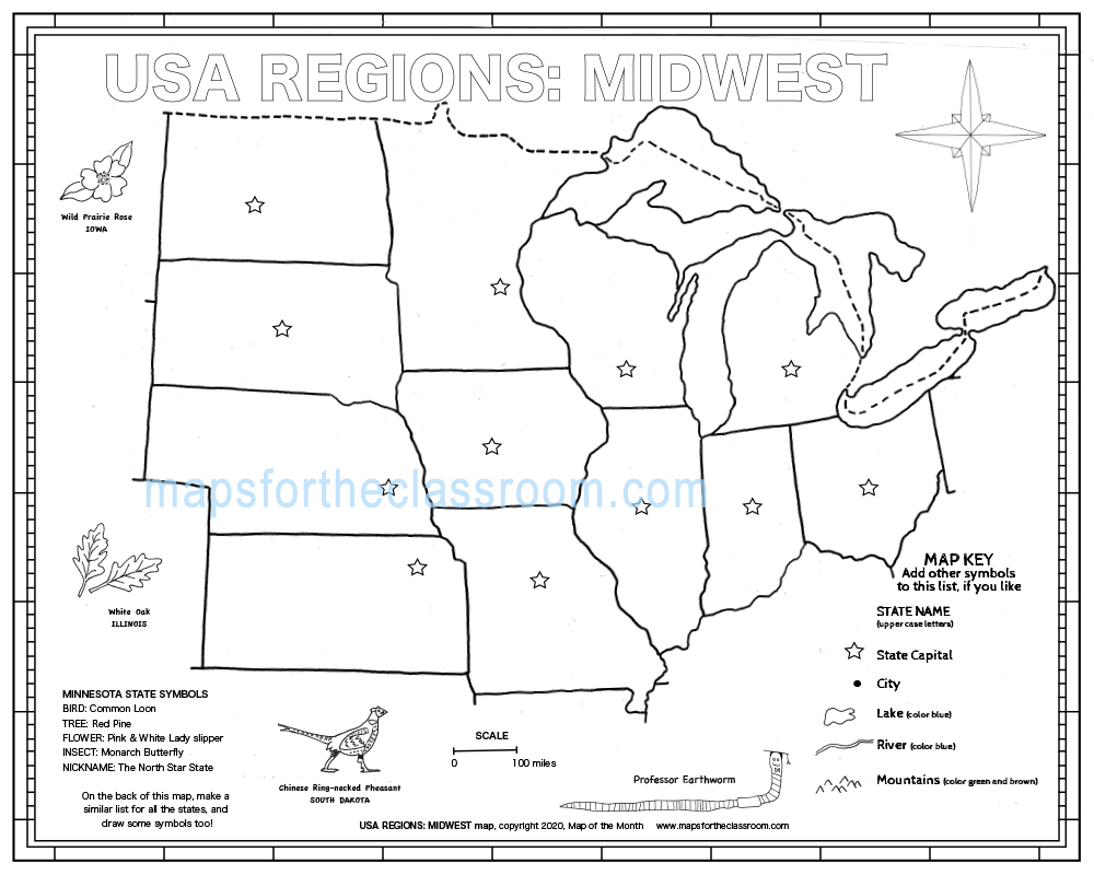 Usa Regions – Midwest pertaining to Usa Map With Compass Rose Printable