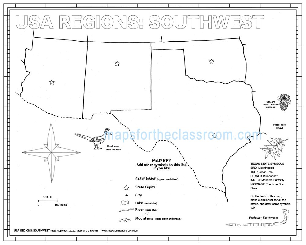 Usa Regions – Southwest pertaining to USA Map with Compass Rose Printable