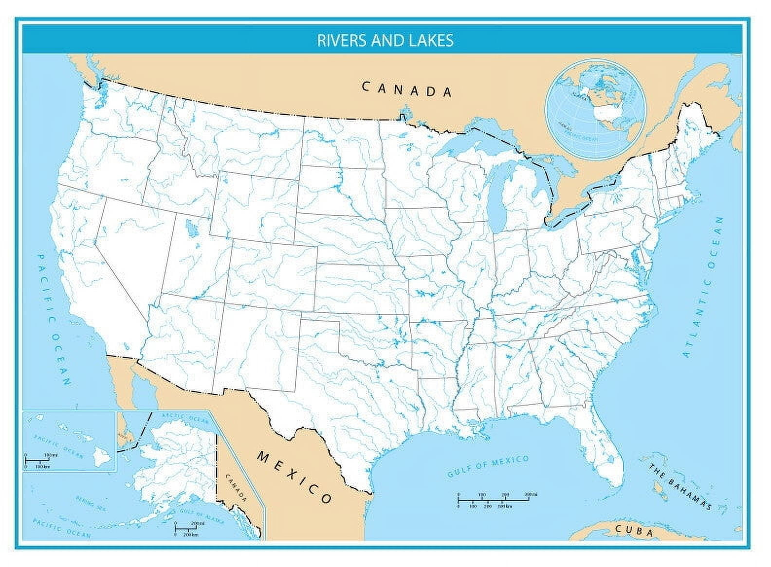 Usa Rivers And Lakes Blank Map Glossy Poster Picture Photo Print regarding Printable Map of USA with Lakes and Rivers