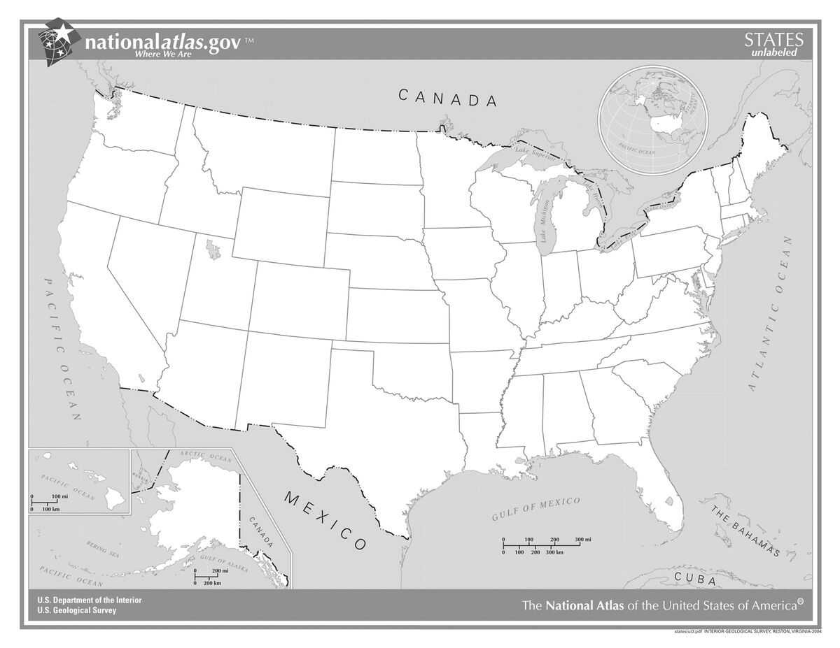 Usa States (Unlabeled) (Black And White) Laminated Wall Map for Usa Map With States Black And White Printable