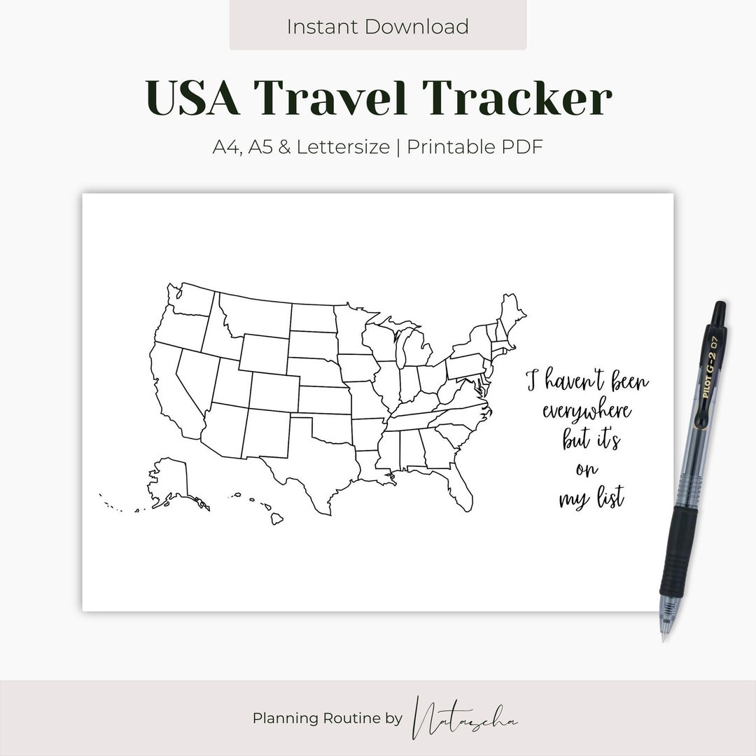 Usa Travel Tracker Zum Ausdrucken, Karte Der Vereinigten Staaten Von Amerika, Usa Map Vorlage, State Tracker, Bullet Journal, Planer, Sofort Download in Printable Usa Travel Map